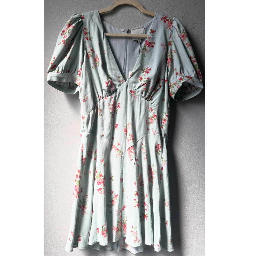 Reformation Naira Puff Sleeve Floral Mini Dress in Mint Green
